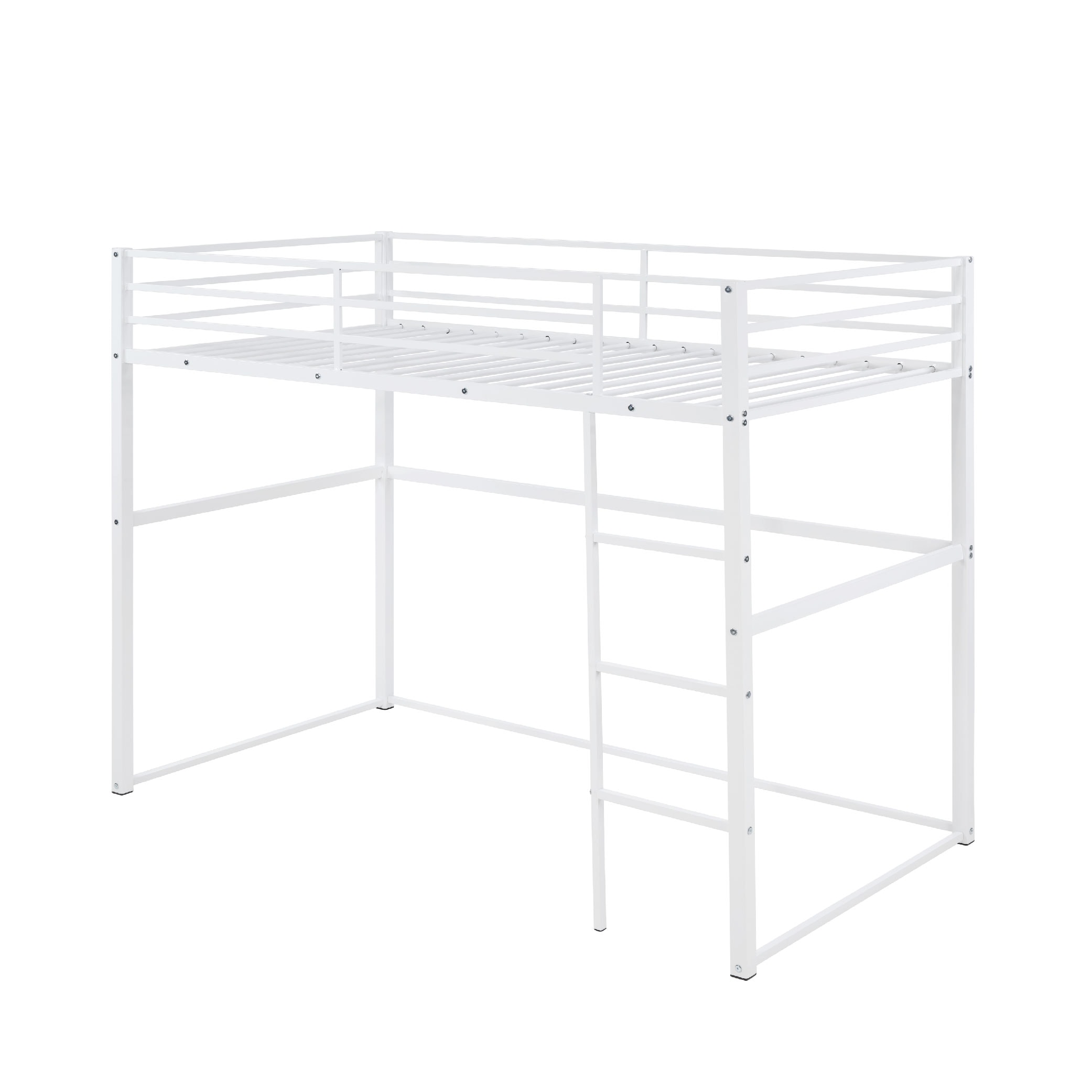 Metal Loft Bed Twin Size, Loft Bed Frame With Safety Guard Rails & Flat Ladder, Twin Loft Bed For Kids Teens Adults, White_voghion.com